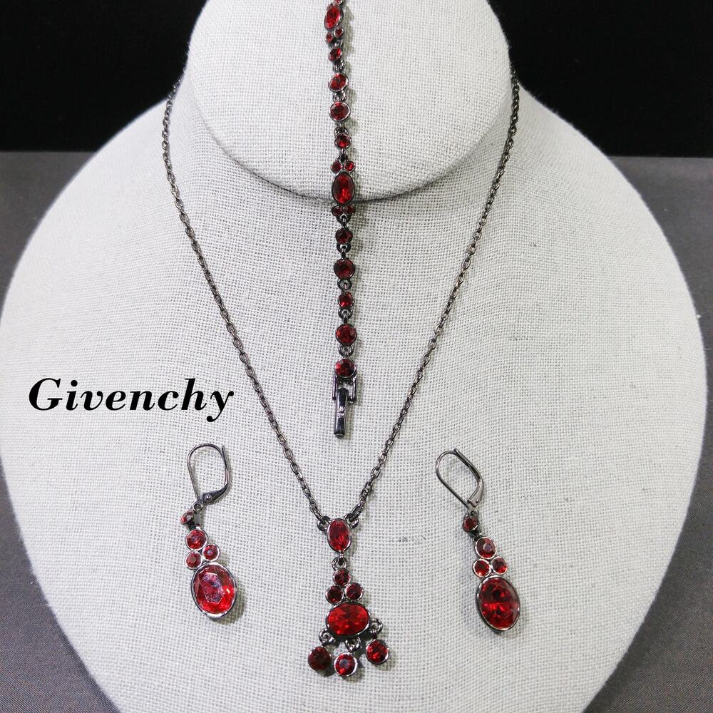 Givenchy Red Rhinestone Jewelry Set, Necklace, Bracelet & Earrings, Vintage